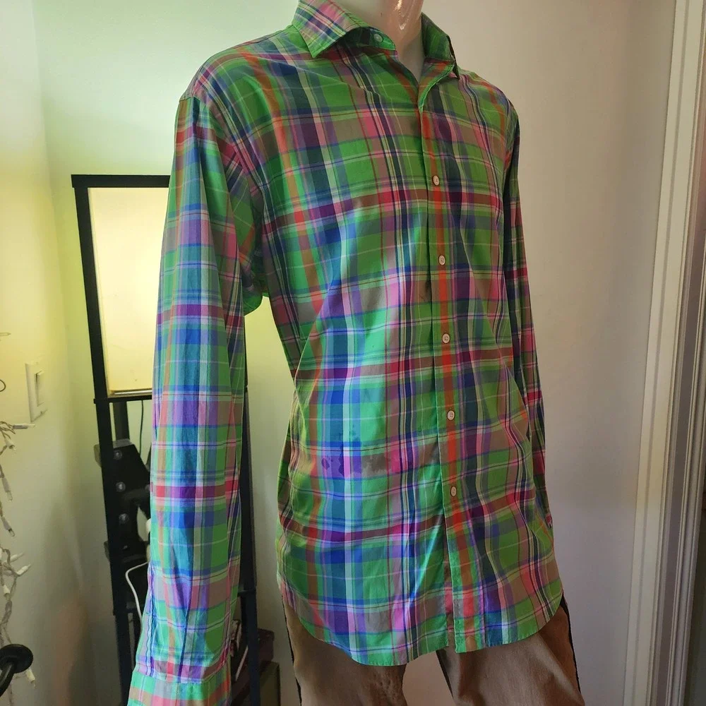 Polo Ralph Lauren Stanton Custom Fit Plaid Shirt Mens XXL Green Pink Multi Color